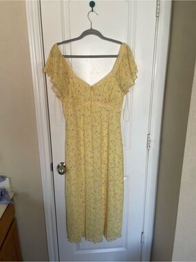 Yellow Floral Midi Dress with Ruffle Sleeves